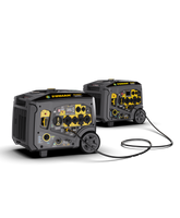 Two FIRMAN Power Equipment portable generators from the WHISPER Series inverters are connected by a Parallel Cord for over 5000W FIRMAN Portable Inverter Generator 120/240V 7200W, featuring multiple outlets and control panels, set against a black background.