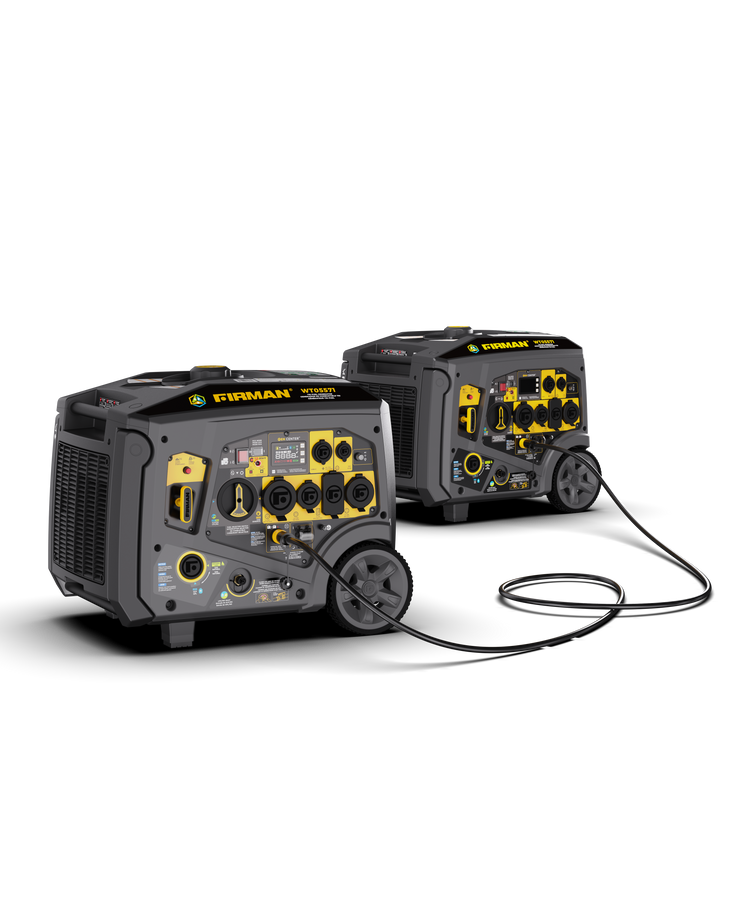 Two FIRMAN Power Equipment portable generators from the WHISPER Series inverters are connected by a Parallel Cord for over 5000W FIRMAN Portable Inverter Generator 120/240V 7200W, featuring multiple outlets and control panels, set against a black background.