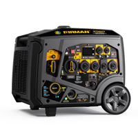 The FIRMAN Power Equipment Tri Fuel Inverter Portable Generator, 7500W with electric start, CO alert, control panel, outlets, switches, wheels for transport—120/240V RV and parallel ready—shown on a white background.