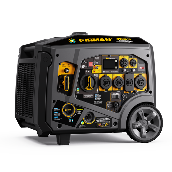 The FIRMAN Power Equipment Tri Fuel Inverter Portable Generator, 7500W with electric start, CO alert, control panel, outlets, switches, wheels for transport—120/240V RV and parallel ready—shown on a white background.