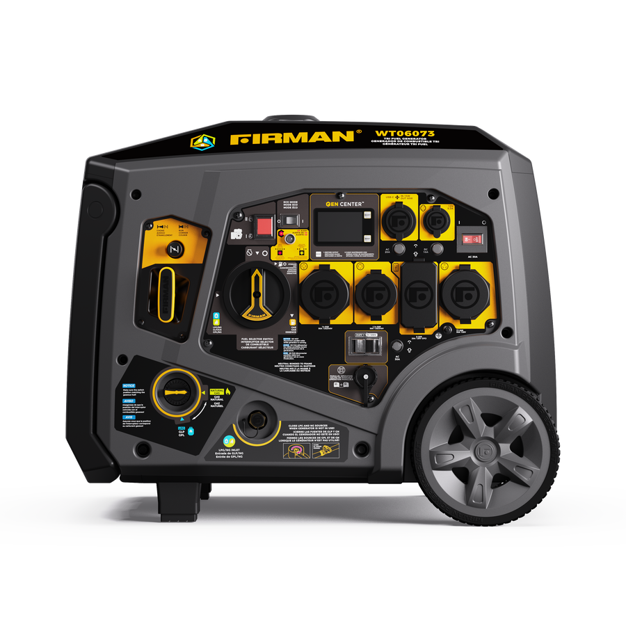 A FIRMAN Power Equipment Tri Fuel Inverter Portable Generator 7500W Electric Start 120/240V, featuring multiple outlets, RV and parallel ready functions, CO Alert, and clear controls is displayed on a white background.