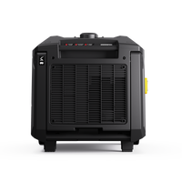 The FIRMAN Power Equipment Tri Fuel Inverter Portable Generator 7500W features a black vented rear panel, yellow side handle, warning labels, and is electric start, parallel ready, with CO Alert and 120/240V output.