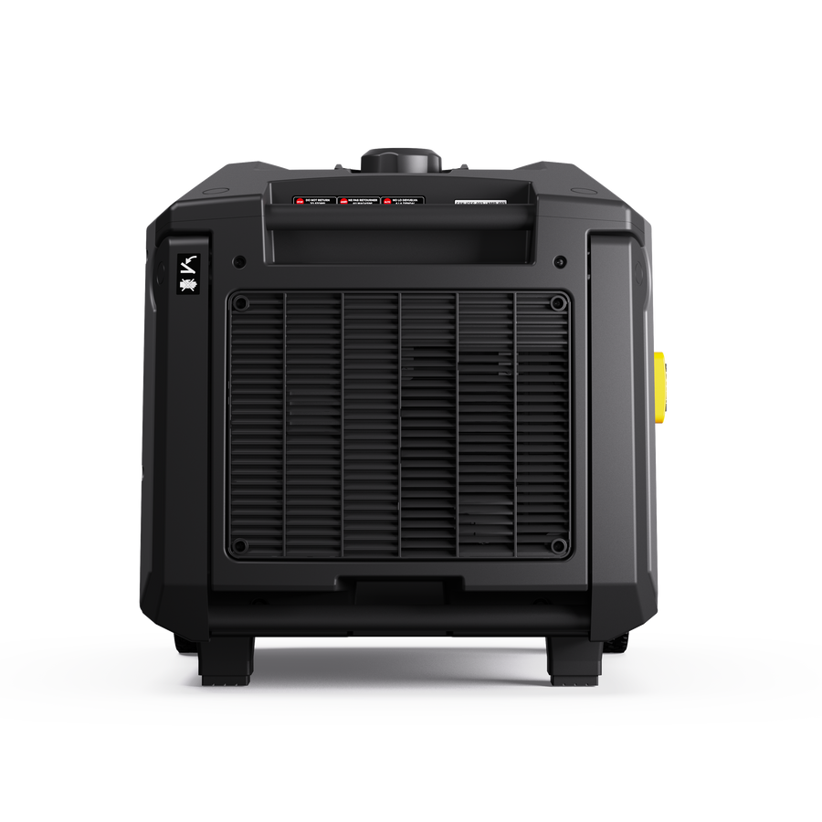 The FIRMAN Power Equipment Tri Fuel Inverter Portable Generator 7500W features a black vented rear panel, yellow side handle, warning labels, and is electric start, parallel ready, with CO Alert and 120/240V output.