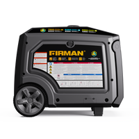 The FIRMAN Power Equipment Tri Fuel Inverter Portable Generator 7500W features a black/gray casing, large wheels, clear side-panel labels, and CO Alert with electric start and 120/240V parallel ready capability.