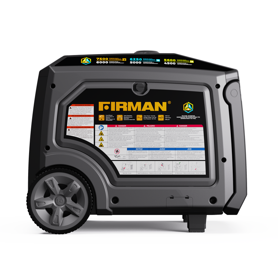 The FIRMAN Power Equipment Tri Fuel Inverter Portable Generator 7500W features a black/gray casing, large wheels, clear side-panel labels, and CO Alert with electric start and 120/240V parallel ready capability.