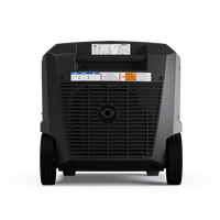 Rear view of the FIRMAN Power Equipment Tri Fuel Inverter Portable Generator 7500W Electric Start shows ventilation grill, warning labels, and two wheels for transport.