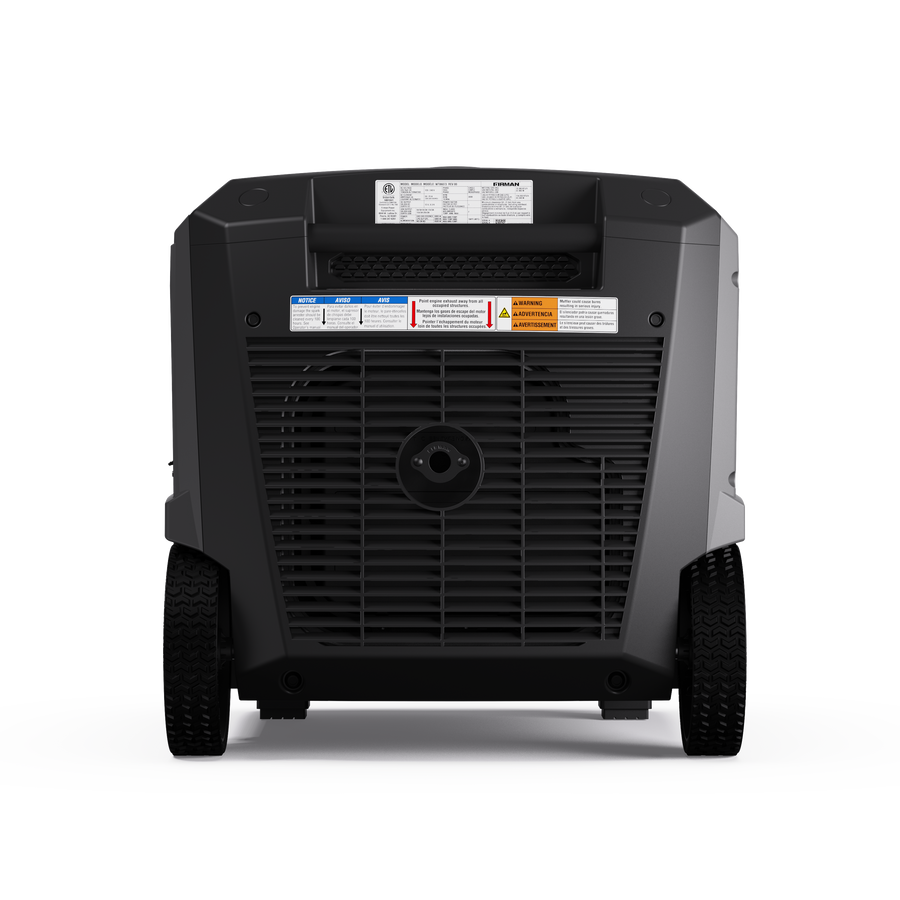Rear view of the FIRMAN Power Equipment Tri Fuel Inverter Portable Generator 7500W Electric Start shows ventilation grill, warning labels, and two wheels for transport.