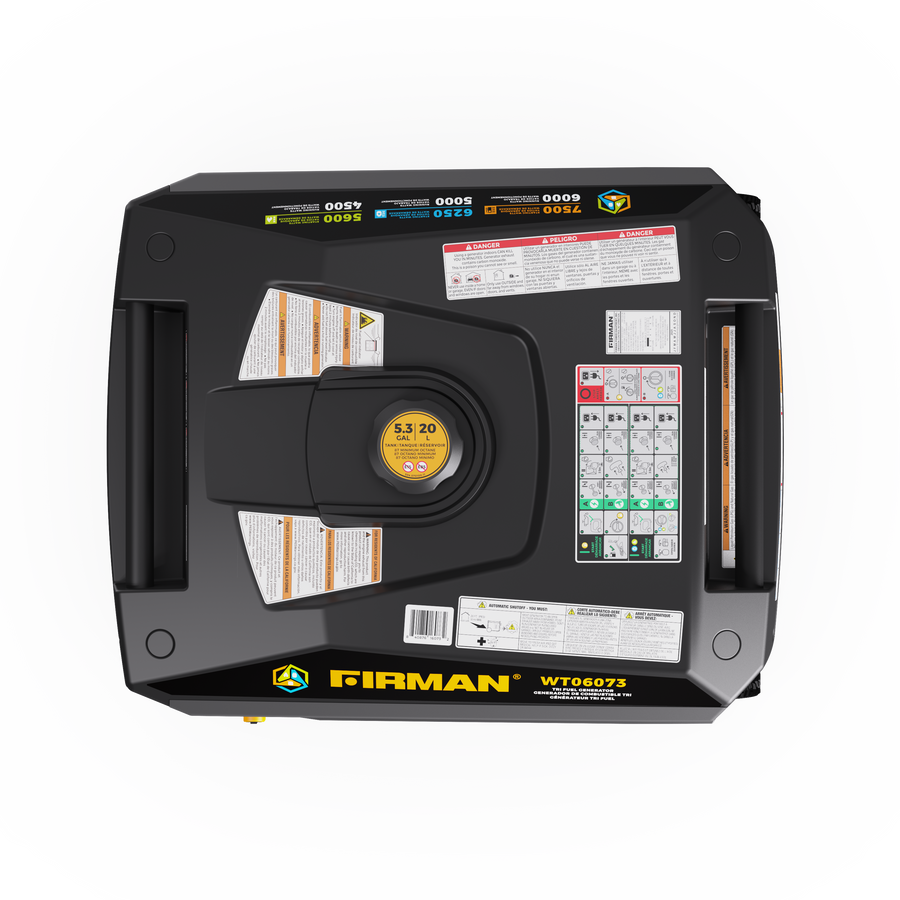 Top view of the FIRMAN Power Equipment Tri Fuel Inverter Portable Generator 7500W Electric Start 120/240V, showing its control panel with labels, specifications, and safety information, all clearly displayed.
