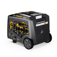 The FIRMAN Power Equipment Tri Fuel Inverter Portable Generator 7500W features electric start, 120/240V, parallel and RV ready outlets, CO Alert, wheels for portability, and a control panel—ideal for convenience anywhere.