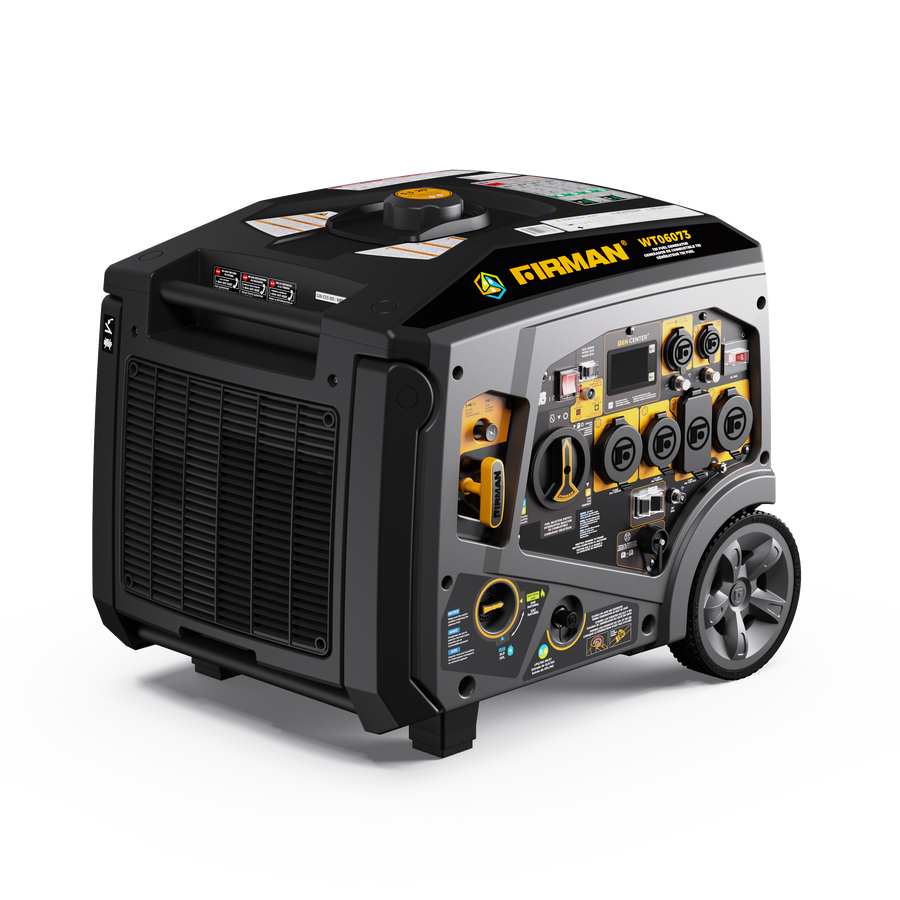 The FIRMAN Power Equipment Tri Fuel Inverter Portable Generator 7500W, with electric start, 120/240V outlets, parallel readiness, CO Alert, wheels, and handle for mobility—shown on a white background.