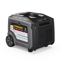 A black FIRMAN Power Equipment Tri Fuel Inverter Portable Generator 7500W with electric start, wheels, handle, labeled control panel, and CO Alert is RV ready and placed on a white surface.