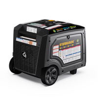 A FIRMAN Power Equipment Tri Fuel Inverter Portable Generator, 7500W electric start, 120/240V, parallel ready with CO alert, black casing, large wheels, and control panels sits on a white surface.