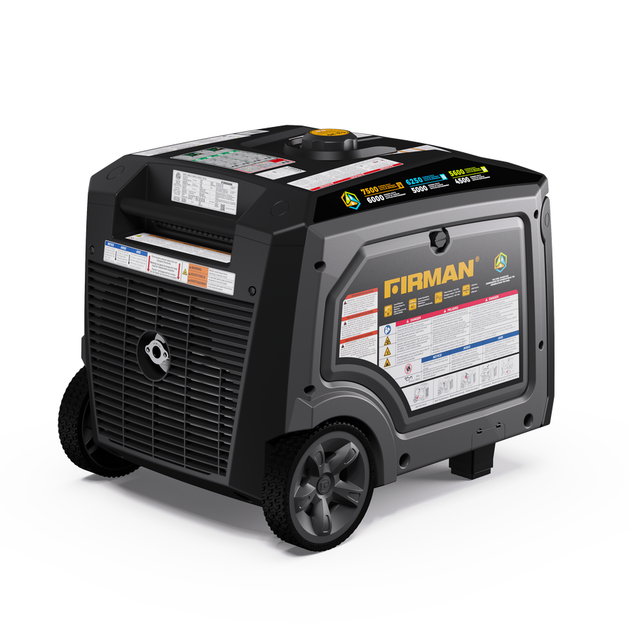 A FIRMAN Power Equipment Tri Fuel Inverter Portable Generator, 7500W electric start, 120/240V, parallel ready with CO alert, black casing, large wheels, and control panels sits on a white surface.