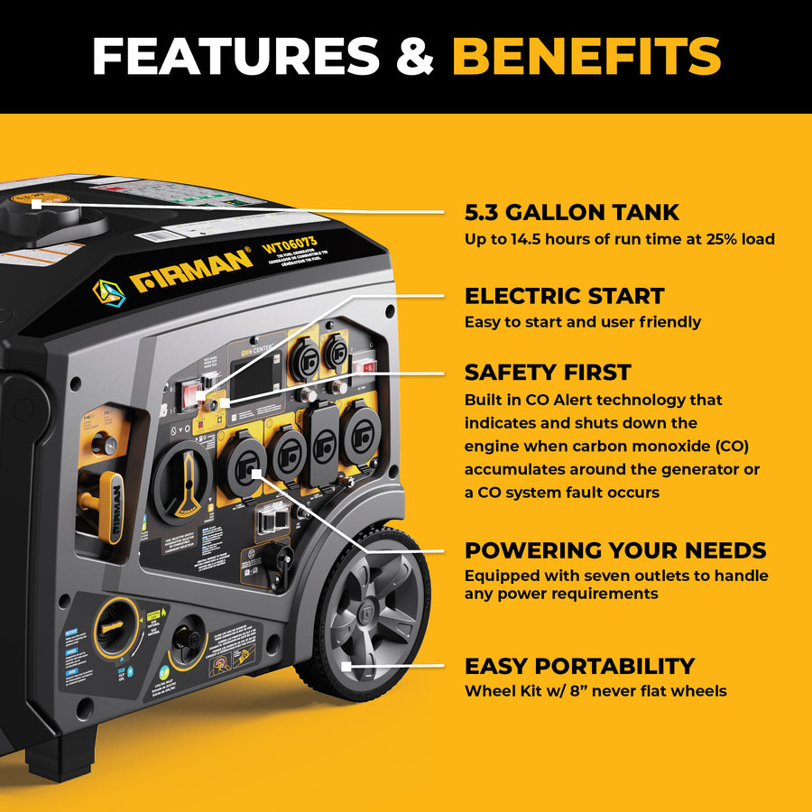 Tri Fuel Inverter Portable Generator 7500/6000W Electric Start 120/240V Parallel Ready CO Alert