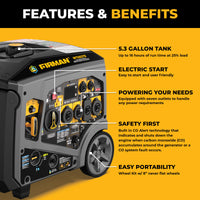 Generator with features and benefits highlighted on a yellow background