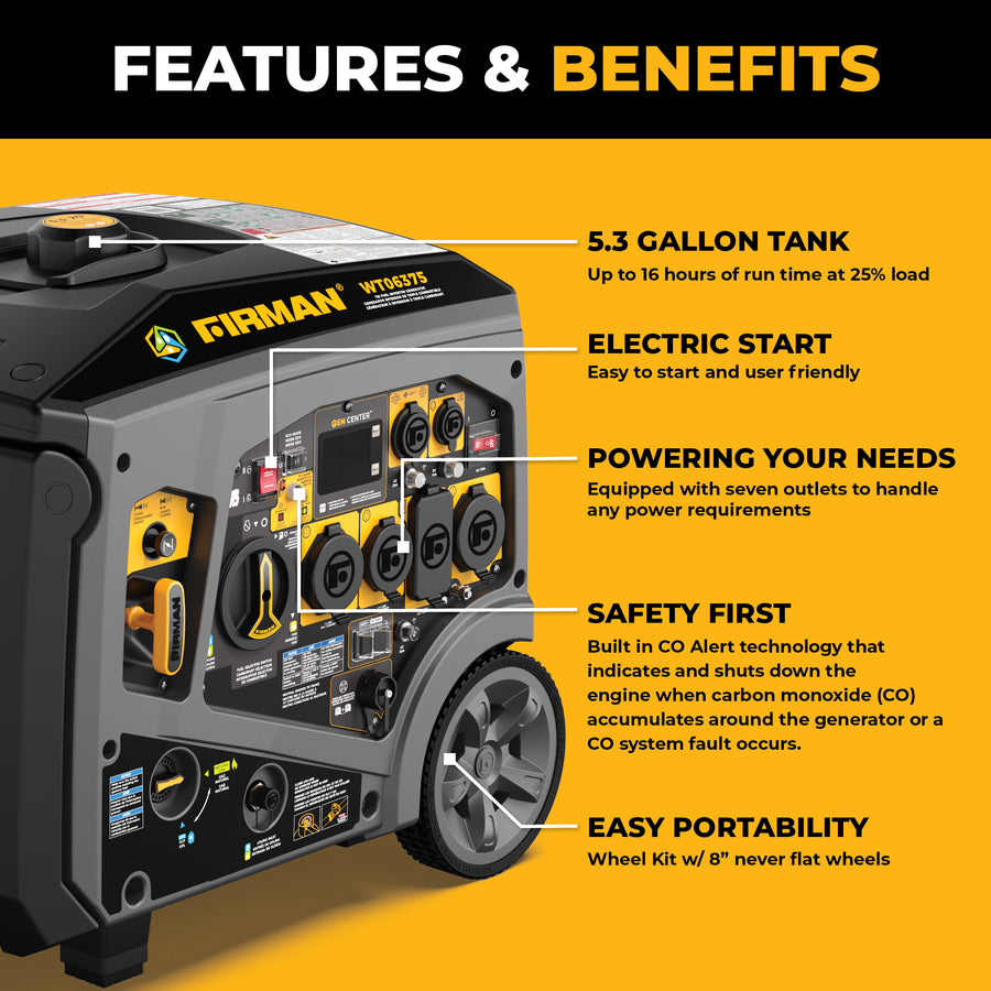 Generator with features and benefits highlighted on a yellow background