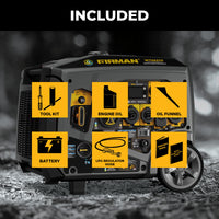The FIRMAN Power Equipment Tri-Fuel Inverter Portable Generator 7850/6300 Watt, electric start, includes a tool kit, engine oil, oil funnel, battery, LPG hose/regulator & manual—perfect backup for home appliances.