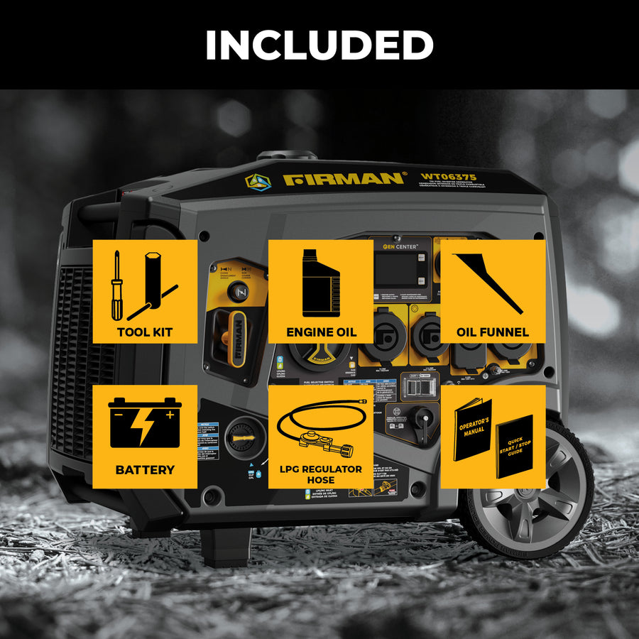 The FIRMAN Power Equipment Tri-Fuel Inverter Portable Generator 7850/6300 Watt, electric start, includes a tool kit, engine oil, oil funnel, battery, LPG hose/regulator & manual—perfect backup for home appliances.