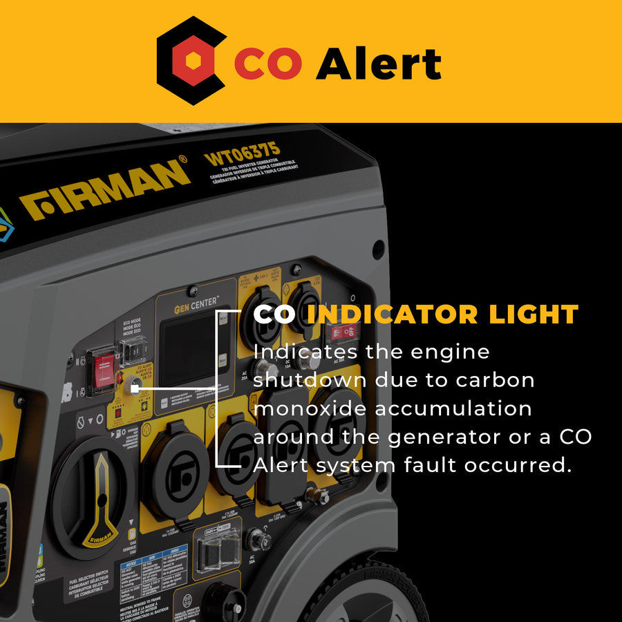 Firman generator with CO indicator light highlighted, featuring the Firman logo and CO Alert text.