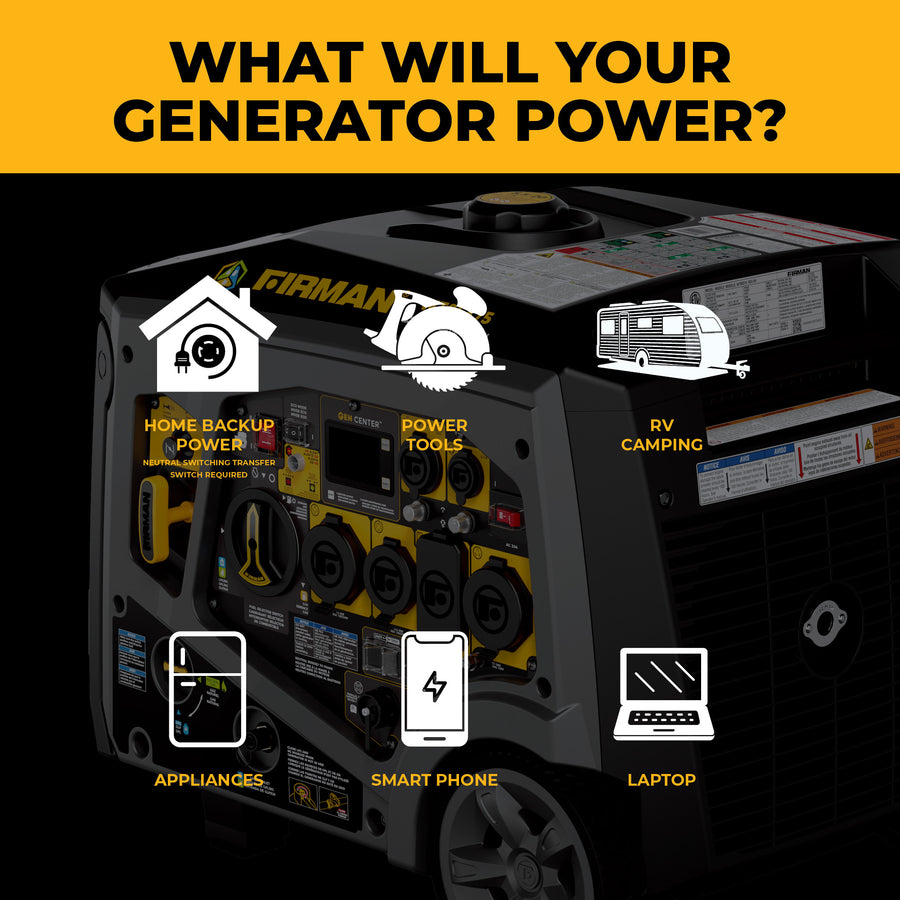 Generator with icons and text indicating its uses on a black and yellow background