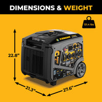 Portable generator with dimensions and weight information on a yellow background