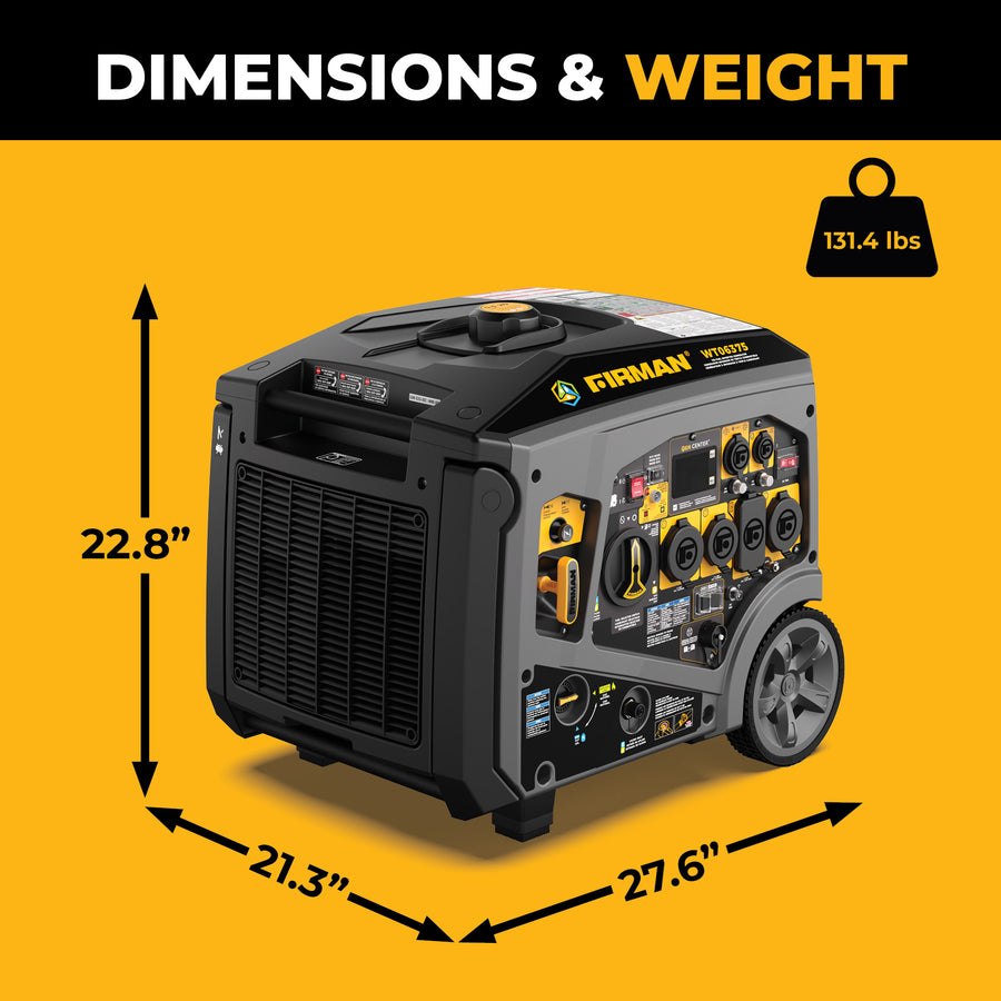 Portable generator with dimensions and weight information on a yellow background