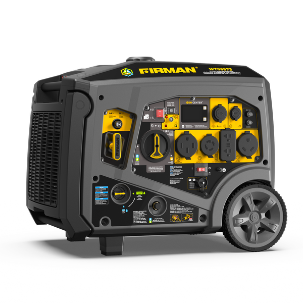 A portable generator with a dark gray and black body, featuring yellow accents on the control panel and outlets. The brand name 'FIRMAN' is clearly visible on the top panel, along with model number WT06873.