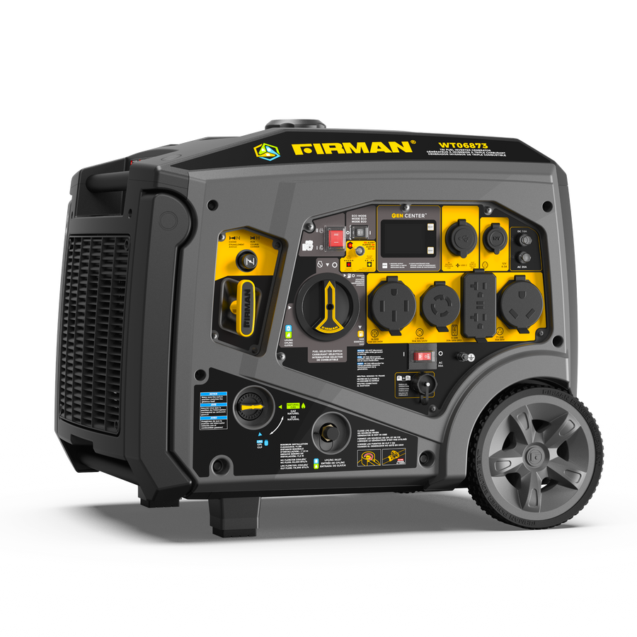 A portable generator with a dark gray and black body, featuring yellow accents on the control panel and outlets. The brand name 'FIRMAN' is clearly visible on the top panel, along with model number WT06873.
