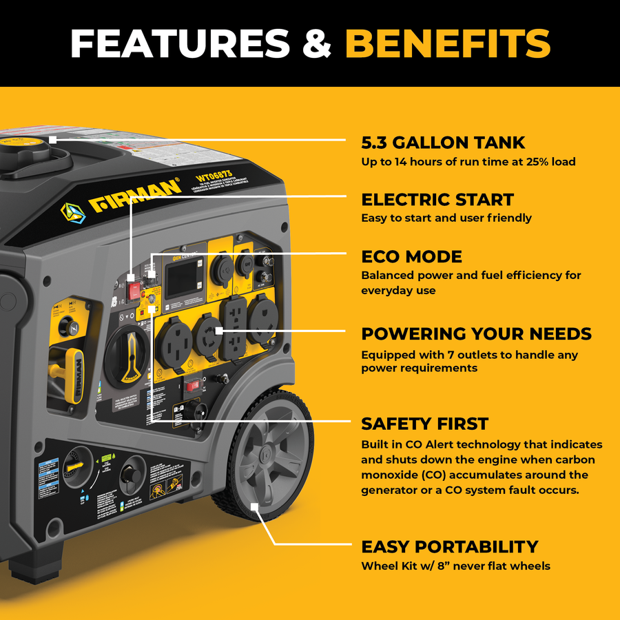 Tri-Fuel Inverter Portable Generator 8500/6800 Watt Electric Start 120/240V Parallel Ready with CO Alert
