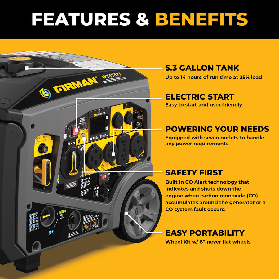 Tri-Fuel Inverter Portable Generator 8750/7000 Watt Electric Start 120/240V Parallel Ready with CO Alert