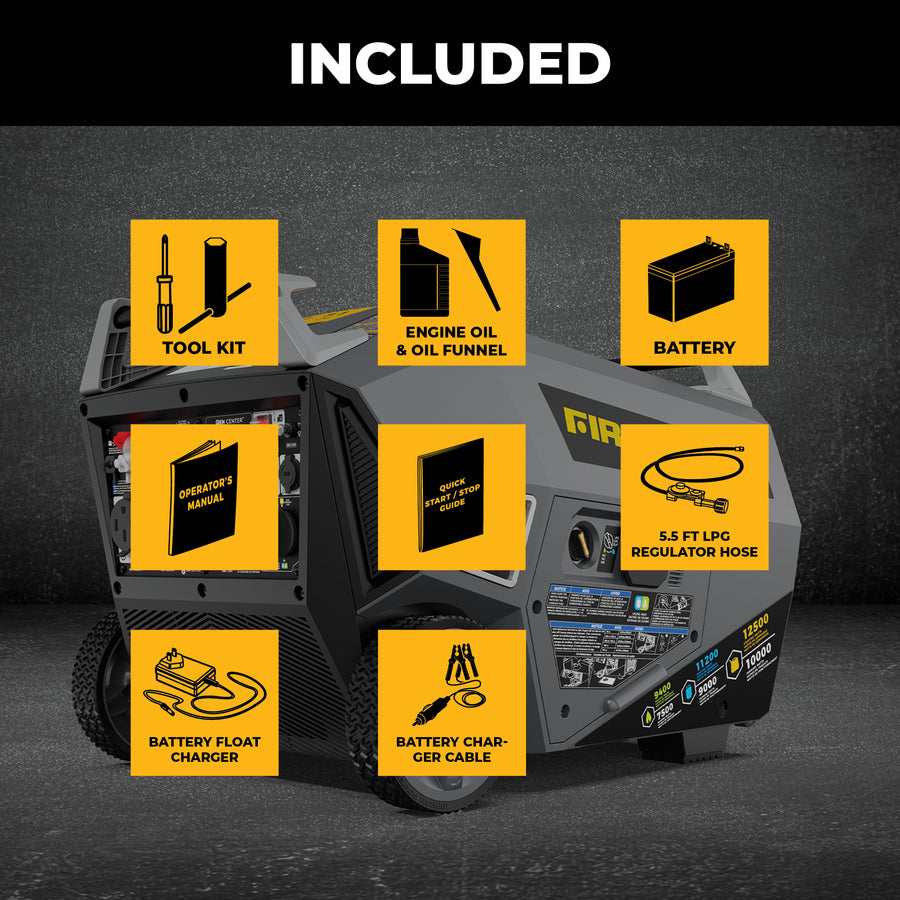Tri Fuel Inverter Portable Generator 12500/10000W Electric Start 120/240V Parallel Ready CO Alert
