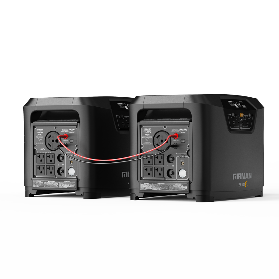 Two FIRMAN Power Equipment's Zero E portable power stations are connected by a Parallel Cable (14AWG x 4.9ft), showcasing various front panel sockets and controls.