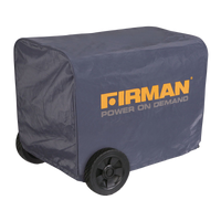 A Medium Size Portable Generator And Inverter Cover covered by a gray all-weather FIRMAN Power Equipment generator cover with the "FIRMAN power on demand" logo on the side, displayed on a white background.
