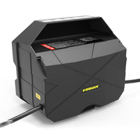 A black electrical device with a boxy design, branded "FIRMAN Power Equipment," is depicted. It features a 30A cable attached to the left side and includes a user label on top. This model is compatible with the 30A Portable Generator Parallel Kit for enhanced versatility.