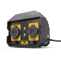 A stylish FIRMAN Power Equipment 30A Portable Generator Parallel Kit in black and yellow, equipped with two power outlets and indicator lights.