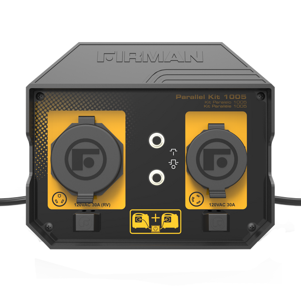 The 30A Portable Generator Parallel Kit by FIRMAN Power Equipment boasts two power outlets and a bold yellow and black design, complete with connection ports for RV and standard plugs.