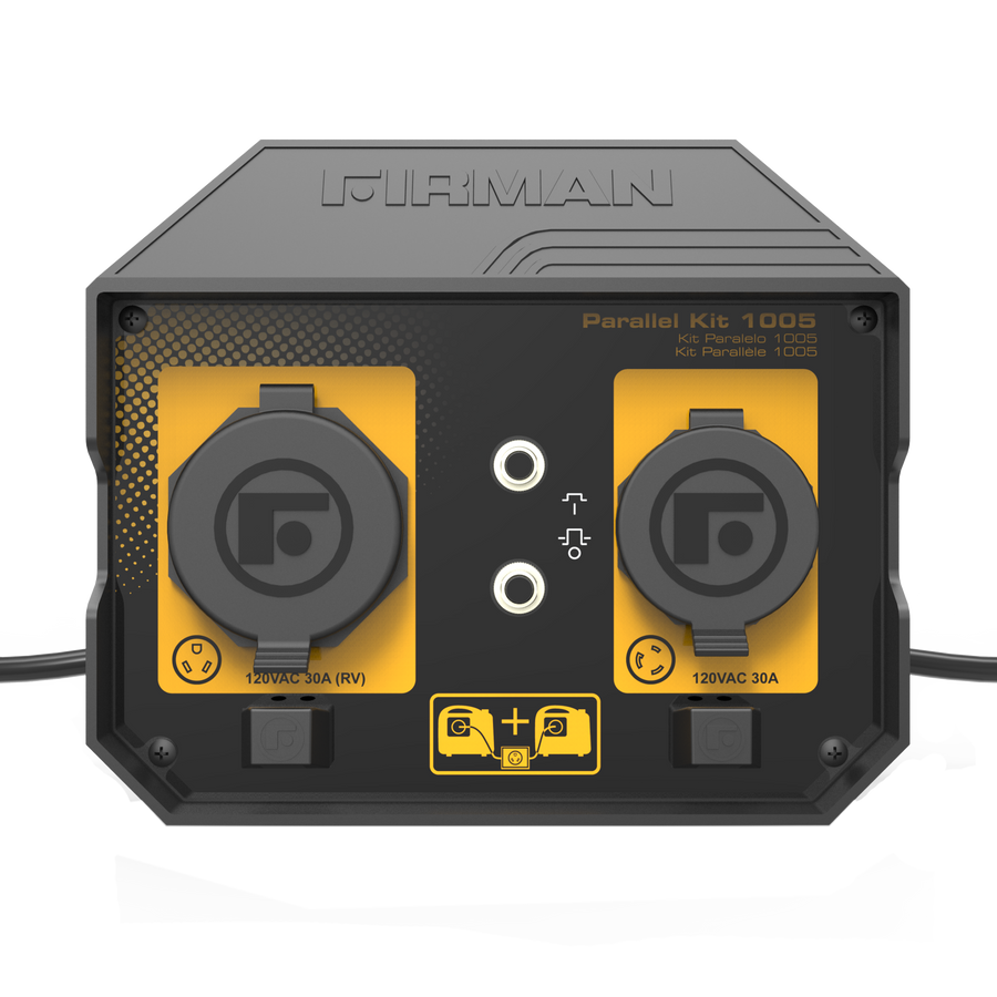 The 30A Portable Generator Parallel Kit by FIRMAN Power Equipment boasts two power outlets and a bold yellow and black design, complete with connection ports for RV and standard plugs.