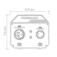 A diagram of a FIRMAN Power Equipment generator panel showcases outlets, with dimensions measuring 8.9 inches in width and 7.9 inches in height, along with integration details for the 30A Portable Generator Parallel Kit.