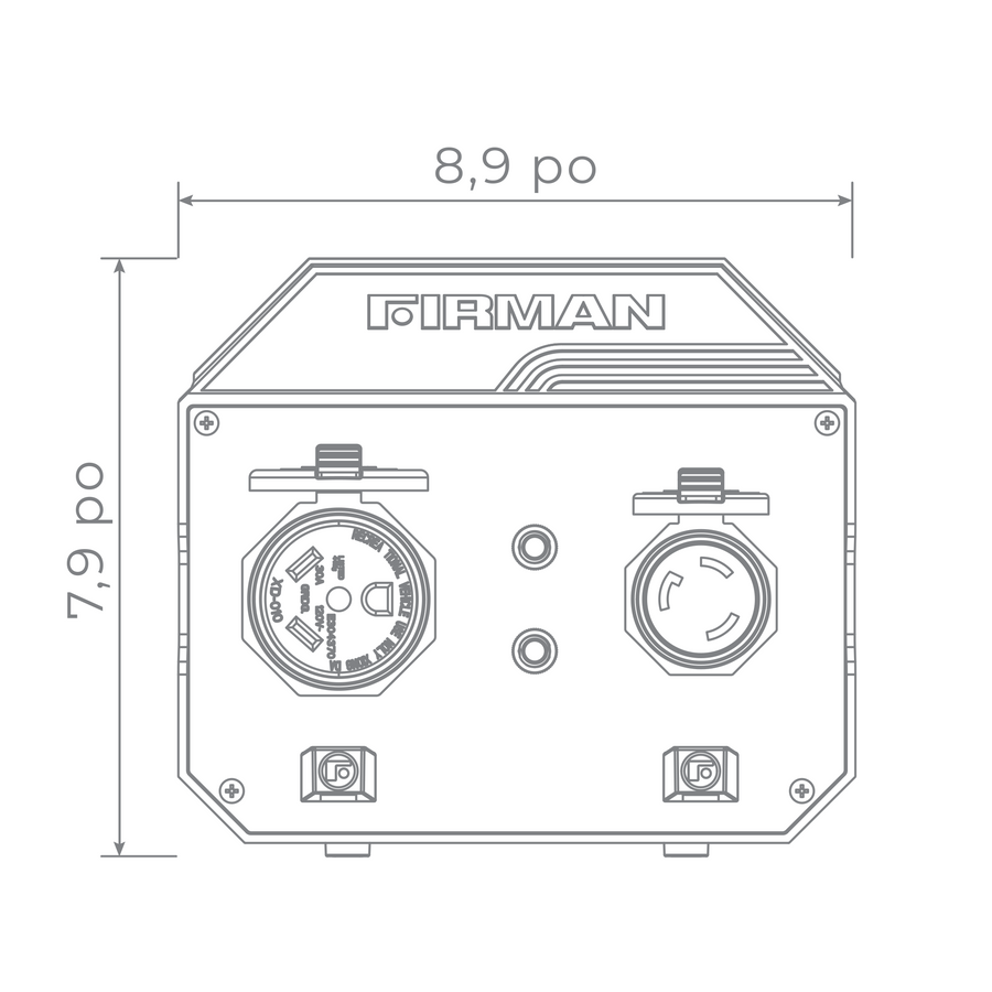A diagram of a FIRMAN Power Equipment generator panel showcases outlets, with dimensions measuring 8.9 inches in width and 7.9 inches in height, along with integration details for the 30A Portable Generator Parallel Kit.