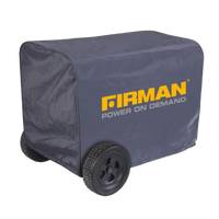 A gray FIRMAN Power Equipment Large Size Portable Generator Cover over a portable generator featuring the "firman power on demand" logo on the side.