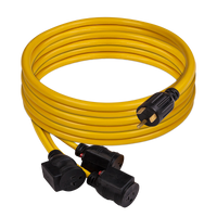 A yellow FIRMAN Power Equipment 25' Heavy Duty TT-30P to (3)5-20R Portable Generator Power Cord With Storage Strap, coiled neatly.