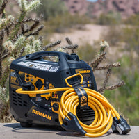 Portable gas generator with a FIRMAN Power Equipment 25' Heavy Duty L5-30P to (3) 5-20R Power Cord With Storage Strap, positioned outdoors against a desert backdrop with cacti.