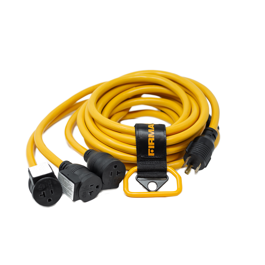 Coiled yellow FIRMAN Power Equipment 25' Heavy Duty L5-30P to (3) 5-20R power cord with a black label and multiple black sockets, isolated on a white background.