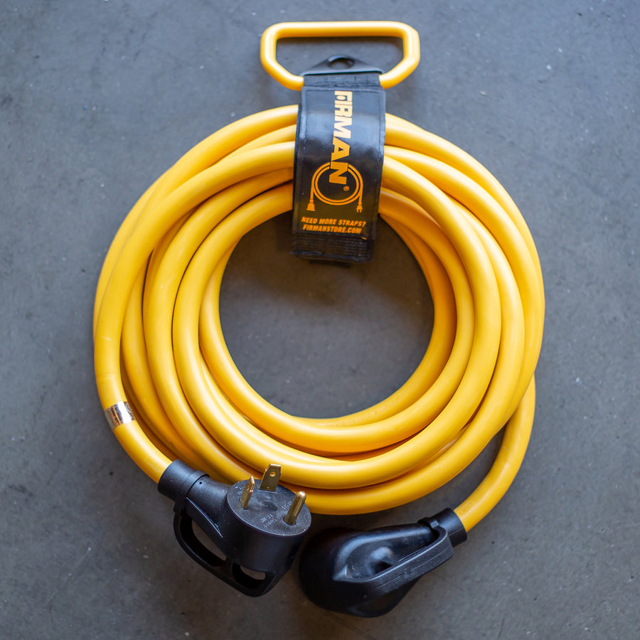 A FIRMAN Power Equipment 25' Heavy Duty TT-30P to TT-30R Power Cord With Storage Strap with a black handle.
