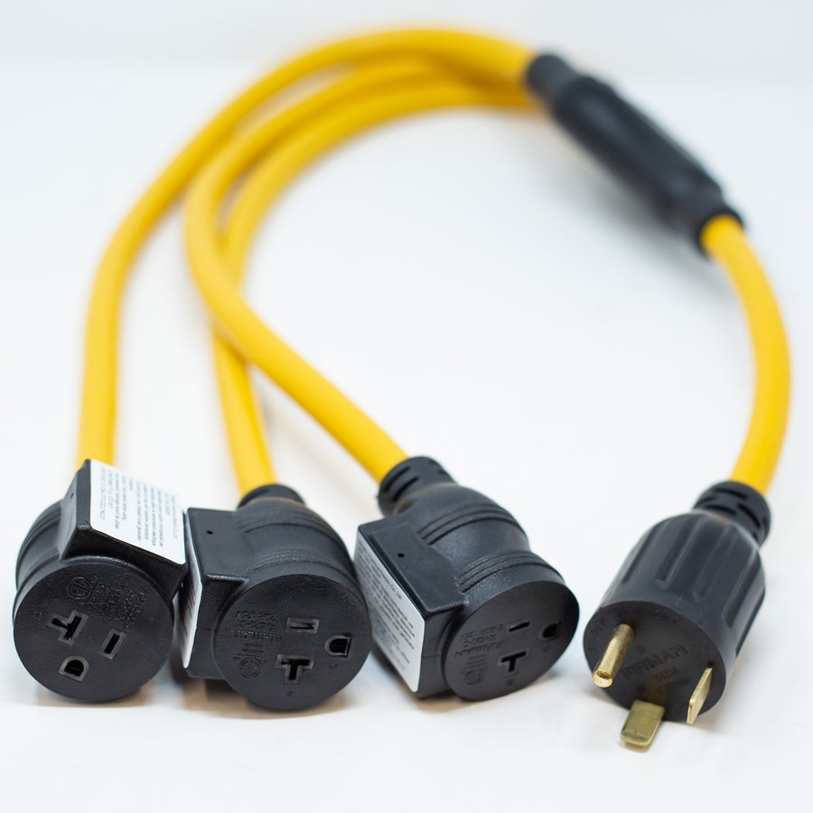 A coiled yellow FIRMAN Power Equipment 3' Heavy Duty TT-30P to (3) 5-20R Short power cord with multiple black adapters for different plug types against a white background.