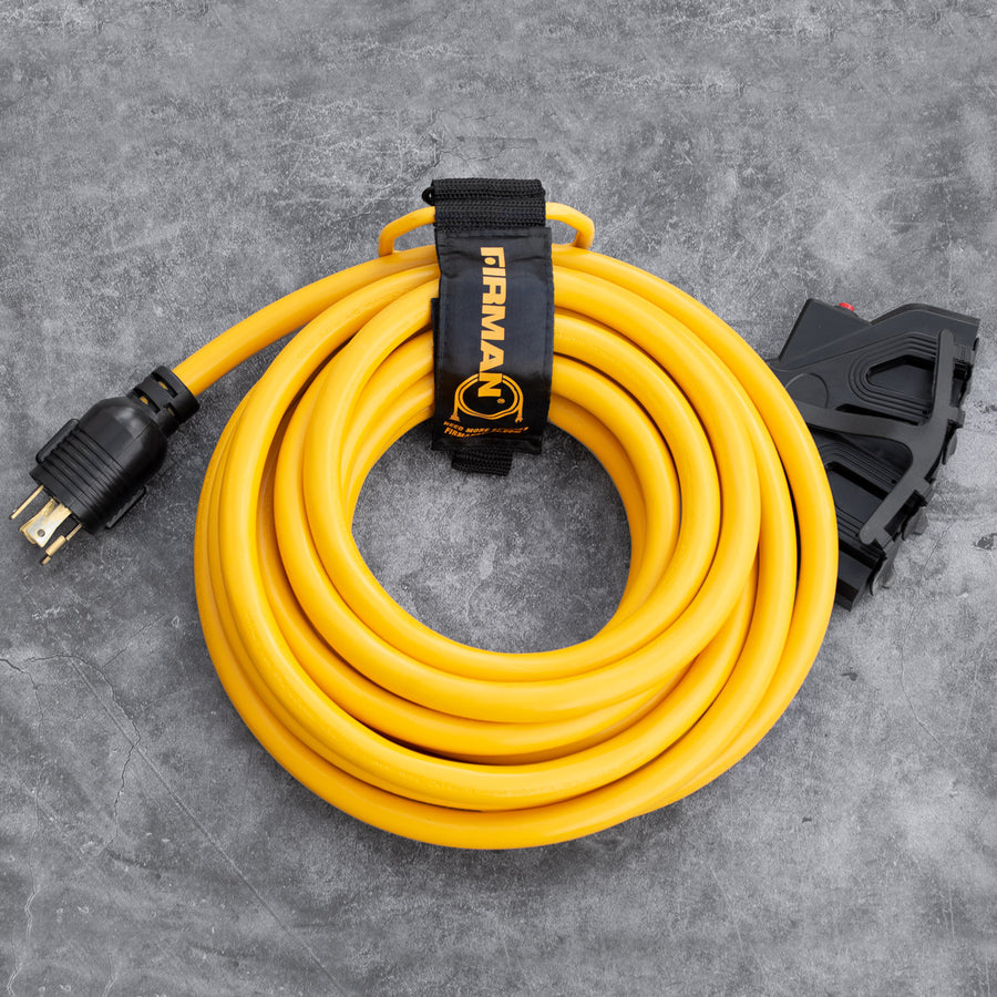 A coiled yellow FIRMAN Power Equipment power cable with a black strap and a gray plug on a textured gray background.