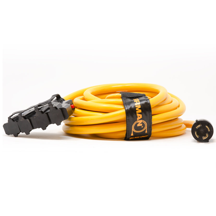 A coiled yellow extension cord with a black strap labeled FIRMAN Power Equipment and a connected black multi-plug power strip on a white background.