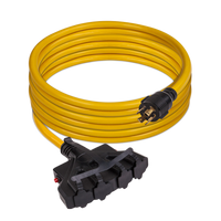 A coiled yellow extension cord with a black triple outlet junction box and a connected plug, ideal for workspace organization, set against a white background - FIRMAN Power Equipment 25' Heavy Duty L14-30P to (4) 5-20R Power Cord With Storage Strap.