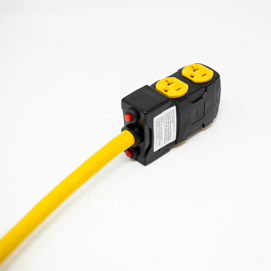 A FIRMAN Power Equipment Heavy Duty L14-30P to (4) 5-20R Short Power Cord With Metal Clip Holder with two outlets and a label on the side, set against a white background.