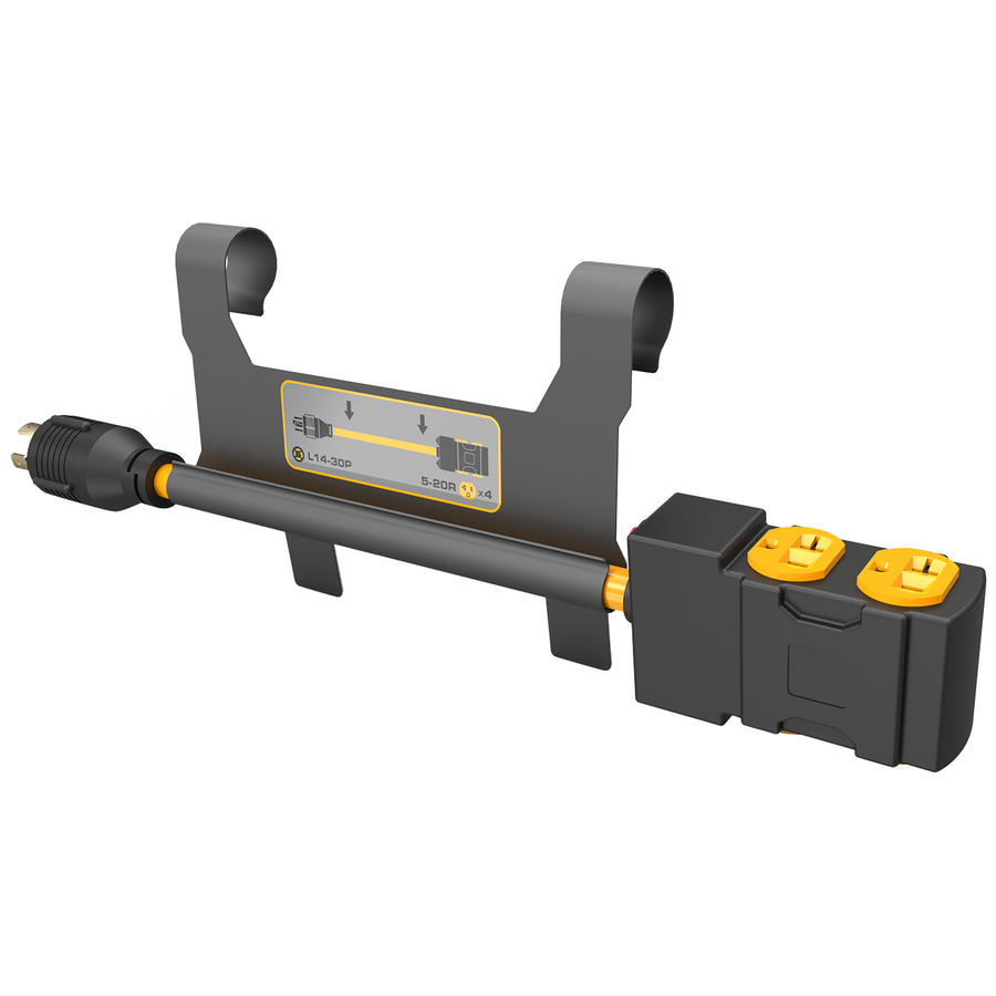 A black and yellow electrical adapter with a handle, featuring a three-prong power plug on one end and two outlets on the other, designed for secure attachment. This FIRMAN Power Equipment Heavy Duty L14-30P to (4) 5-20R Short Power Cord With Metal Clip Holder is perfect for ensuring reliable connectivity in any environment.